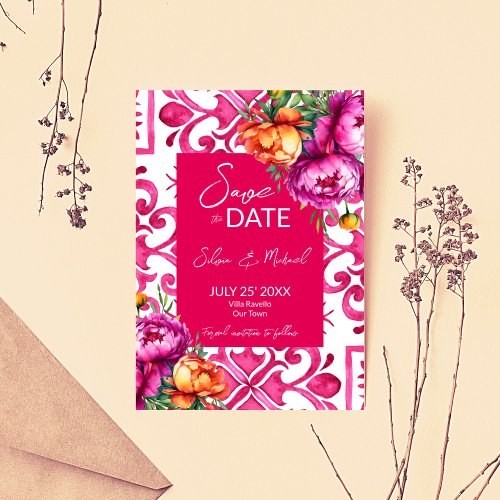 Fuchsia Majolica tiles orange peonies wedding Save The Date