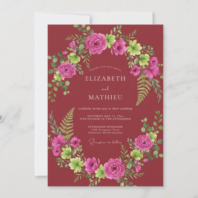 Fuchsia Maroon Fern Wedding Invitation (Front)