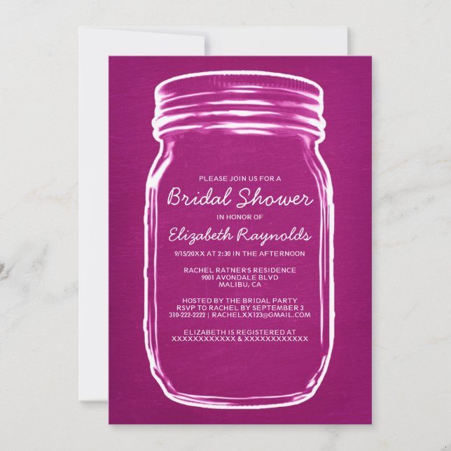 Fuchsia Mason Jar Bridal Shower Invitations (Front)