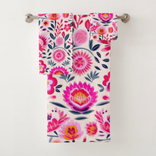 Fuchsia Mexican Flowers Pattern Bath Towel Set