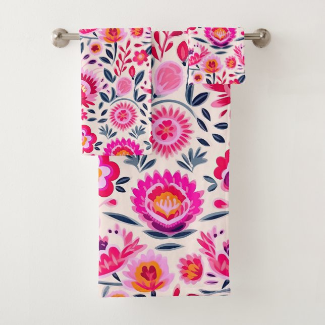 Fuchsia Mexican Flowers  Pattern Bath Towel Set (Insitu)