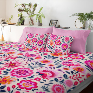 Fuchsia Mexican Flowers Pattern Vibrant Duvet Cover