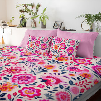 Fuchsia Mexican Flowers Pattern Vibrant Duvet Cover