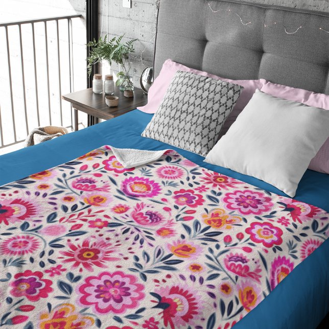 Fuchsia Mexican Flowers Pattern Vibrant Fleece Blanket (Creator Uploaded)