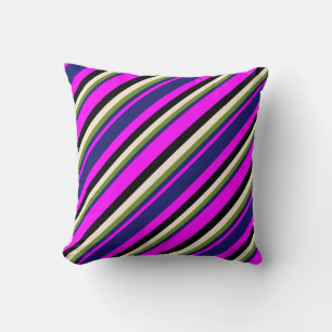 Fuchsia, Midnight Blue, Green, Beige, and Black Throw Pillow