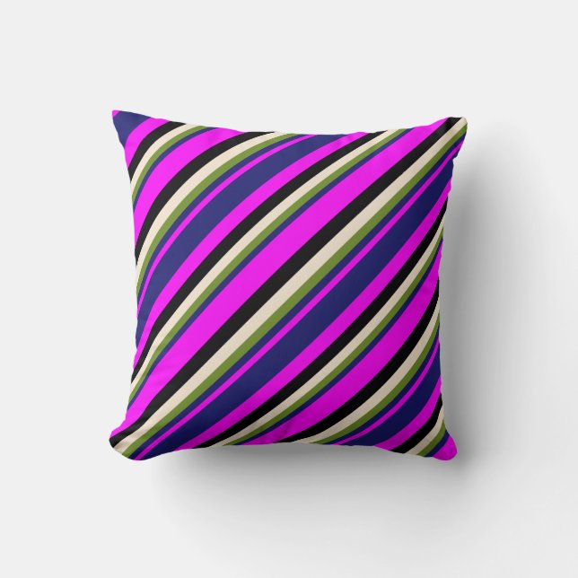 Fuchsia, Midnight Blue, Green, Beige, and Black Throw Pillow (Front)