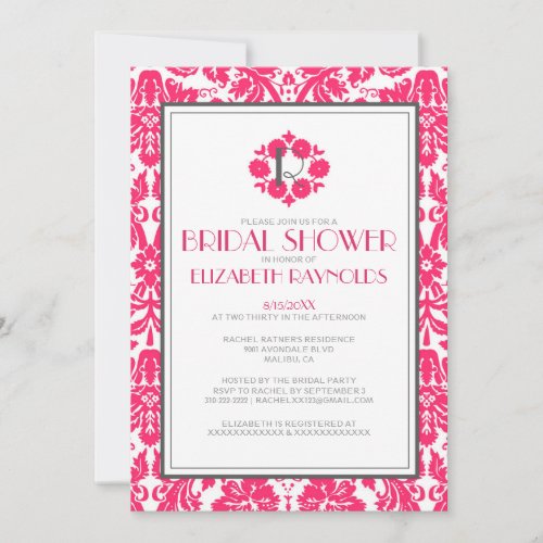 Fuchsia Monogram Damask Bridal Shower Invitations