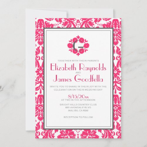 Fuchsia Monogram Damask Wedding Invitations