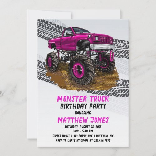 Fuchsia Monster Truck Birthday Party Invitation