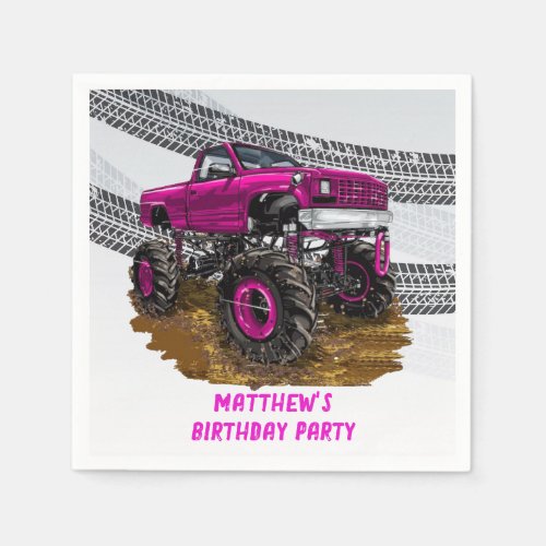 Fuchsia Monster Truck Boy Birthday Party Napkins