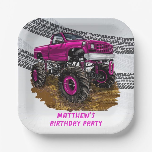 Fuchsia Monster Truck Boy Birthday Party Paper Plates (Front)