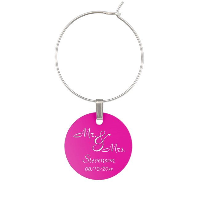 Fuchsia Mr. and Mrs. Memento Wine Glass Charm (Front)