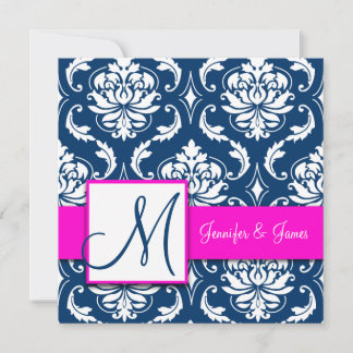 Fuchsia Navy Blue Damask Monogram Invitation