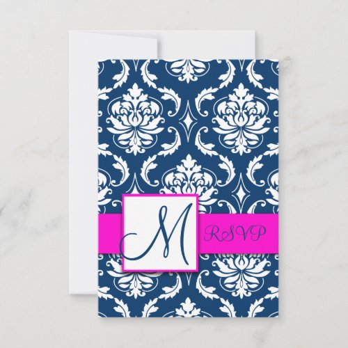 Fuchsia Navy Blue Damask Monogram RSVP Card