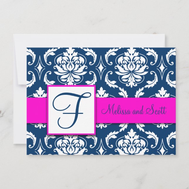 Fuchsia Navy Blue Damask Save the Date Card (Front)