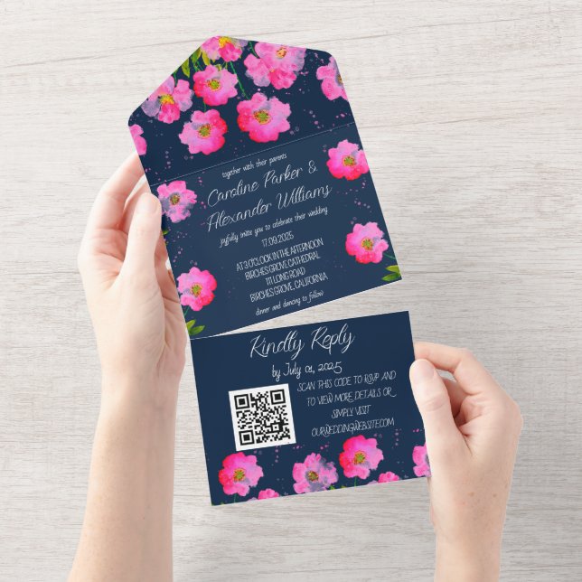 Fuchsia Navy Blue Modern Bold Elegant Floral All In One Invitation (Tearaway)