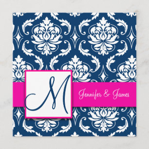 Fuchsia Navy Blue Vintage Damask Invitation 2