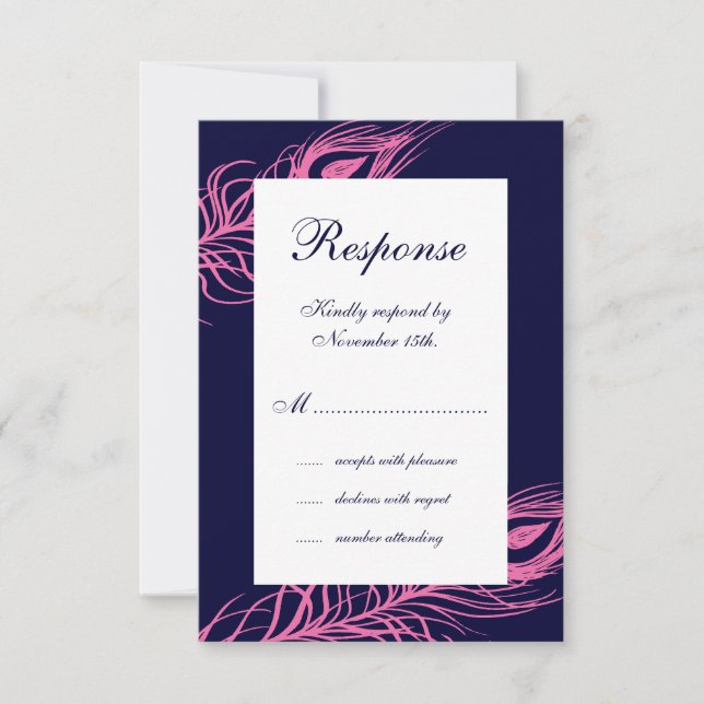 Fuchsia & Navy Feathers RSVP Card (Front)
