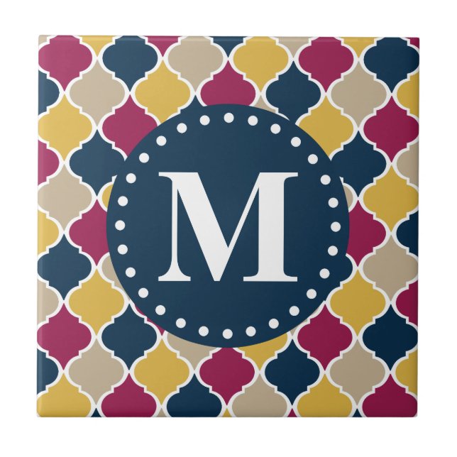 Fuchsia Navy Moroccan Lattice Monogram Ceramic Tile (Front)