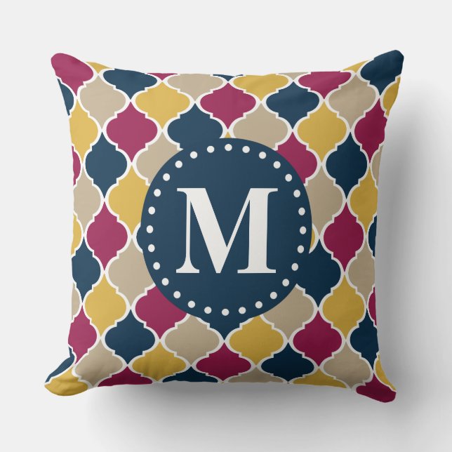 Fuchsia Navy Moroccan Lattice Monogram Throw Pillow (Front)