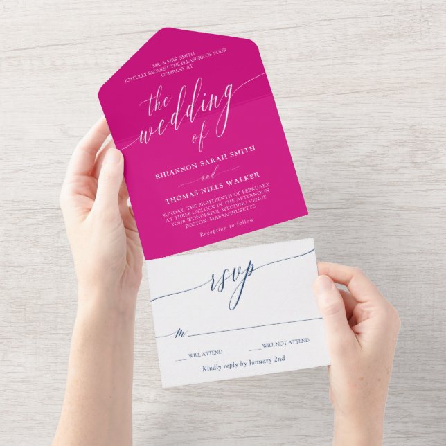 Fuchsia Navy White Delicate Calligraphy Wedding All In One Invitation (Tearaway)