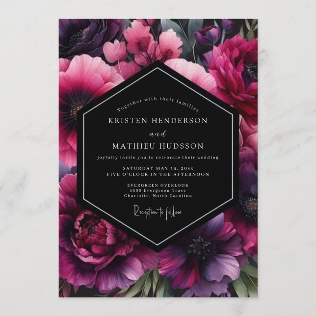 Fuchsia Nocturnal Bloom Wedding Invitation (Front)