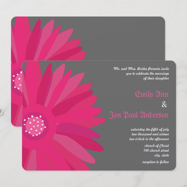 Fuchsia on Gray Gerber Daisy Wedding Invitation (Front/Back)