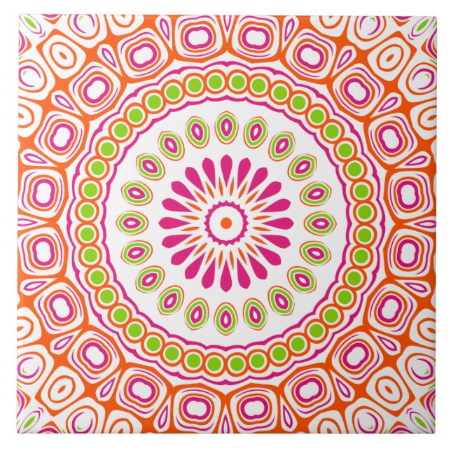 Fuchsia Orange and Green Vibrant Mandala Pattern Ceramic Tile (Front)