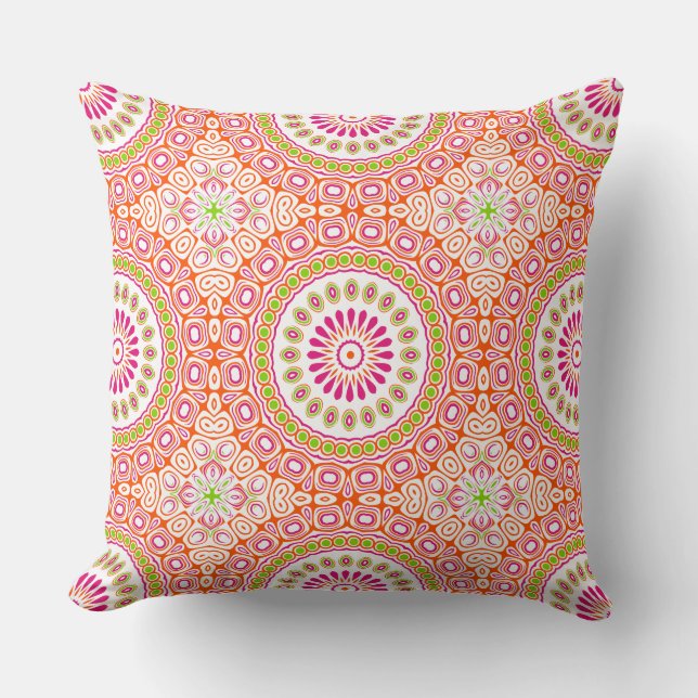 Fuchsia Orange and Green Vibrant Mandala Pattern Throw Pillow (Front)