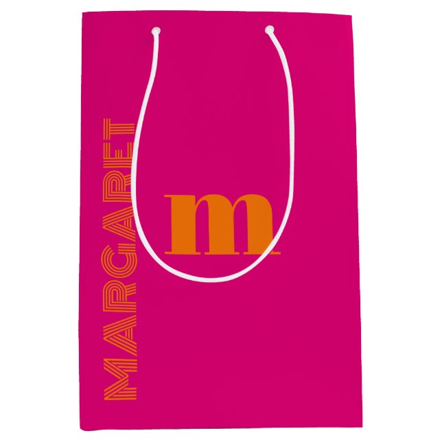 Fuchsia & orange custom initial name modern medium gift bag (Front)