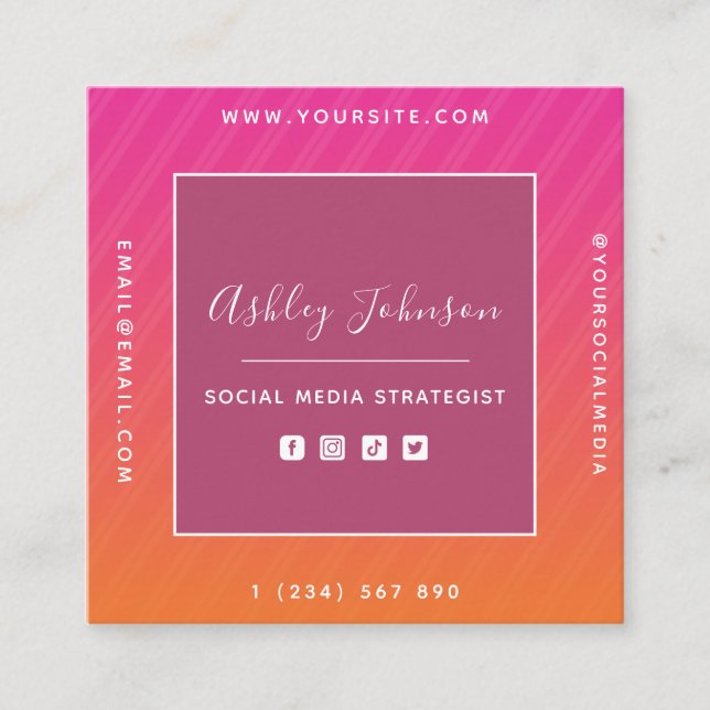 Fuchsia & Orange Ombre Social Media QR Code Modern Square Business Card (Front)