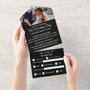 Fuchsia Orchids on Black-Photo Wedding- All In One Invitation