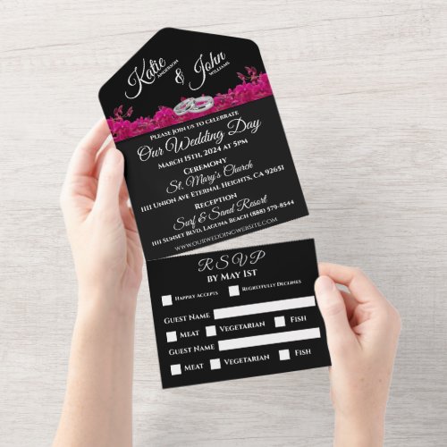 Fuchsia Orchids on Black_Wedding_  All In One Invitation