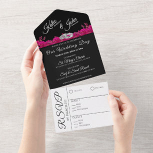 Fuchsia Orchids on Black-Wedding- All In One Invitation