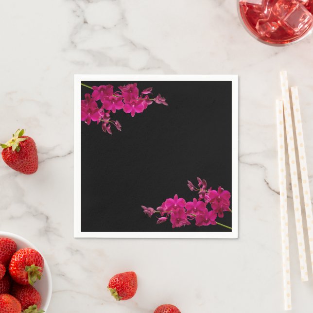 Fuchsia Orchids on Black-Wedding- Napkins (Insitu)