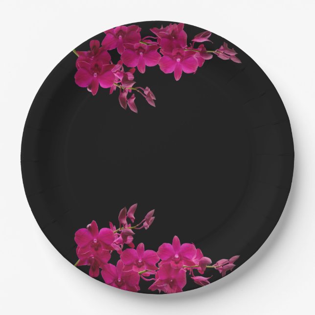 Fuchsia Orchids on Black-Wedding Plates- Paper Plates (Front)