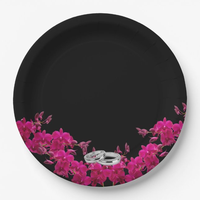 Fuchsia Orchids on Black-Wedding Plates-Rings- Paper Plates (Front)