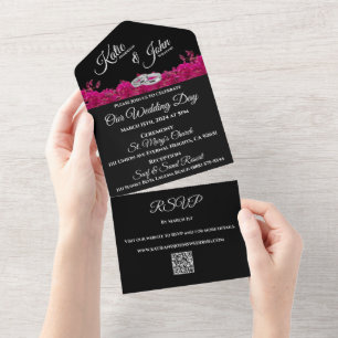Fuchsia Orchids on Black-Wedding-QR code RSVP- All In One Invitation