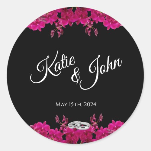 Fuchsia Orchids on Black_Wedding_Rings_ Classic Round Sticker