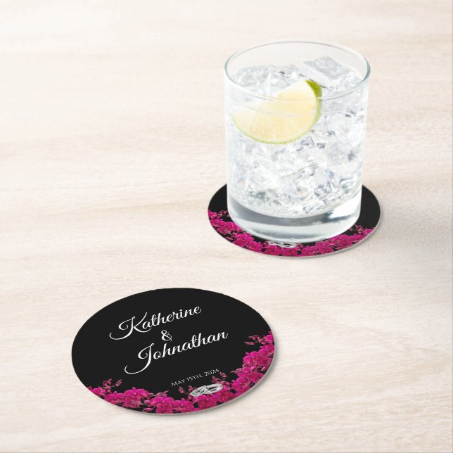 Fuchsia Orchids on Black-Wedding- Round Paper Coaster (Insitu)