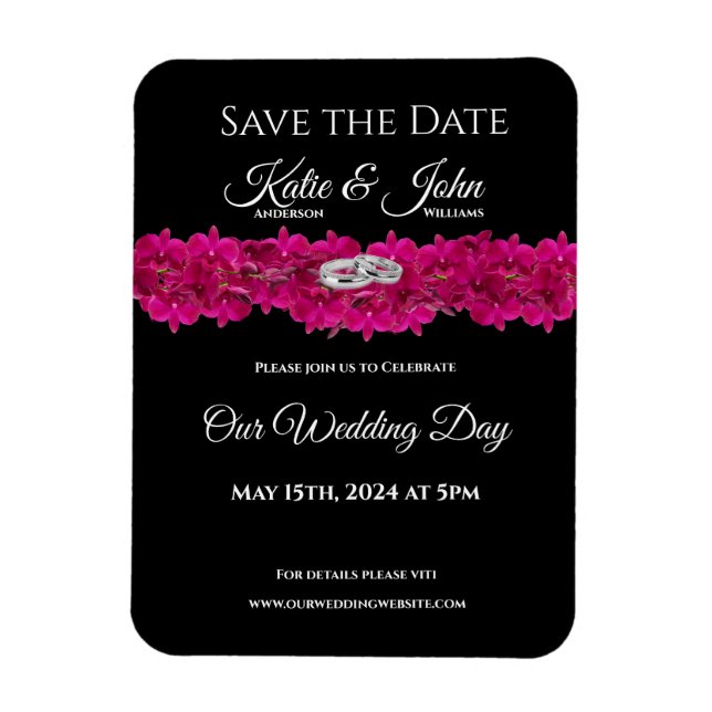 Fuchsia Orchids on Black- Wedding Save the Date- Magnet (Vertical)