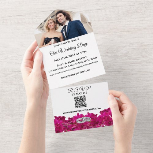 Fuchsia Orchids on White_Photo Wedding_ All In One Invitation