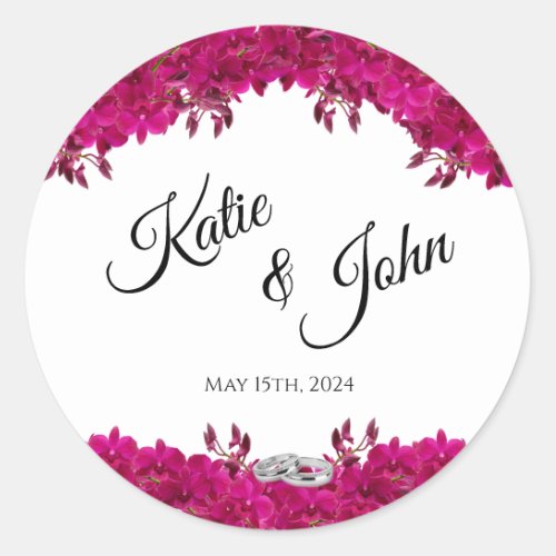 Fuchsia Orchids on White_Wedding_ Classic Round Sticker