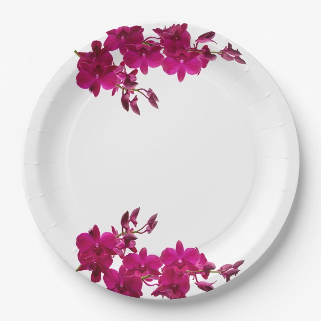 Fuchsia Orchids on White-Wedding Plates- Paper Plates (Front)