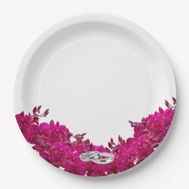 Fuchsia Orchids on White-Wedding Plates-Rings- Paper Plates (Front)