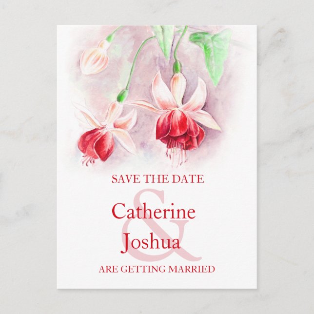 Fuchsia painted flower art red save the date card (Front)