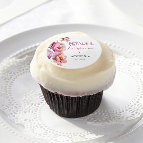 Fuchsia peony floral petals and prosecco bridal edible frosting rounds
