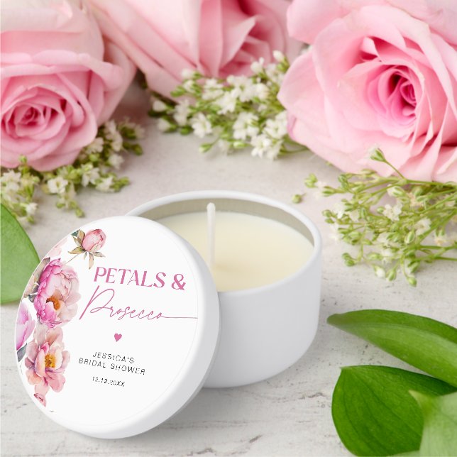 Fuchsia peony floral petals and prosecco bridal mini candle favors (Insitu (Wedding))