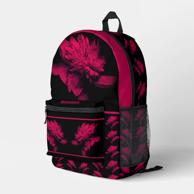 Fuchsia Peony Flower Floral Art Personalized Printed Backpack (Back Corner Right)