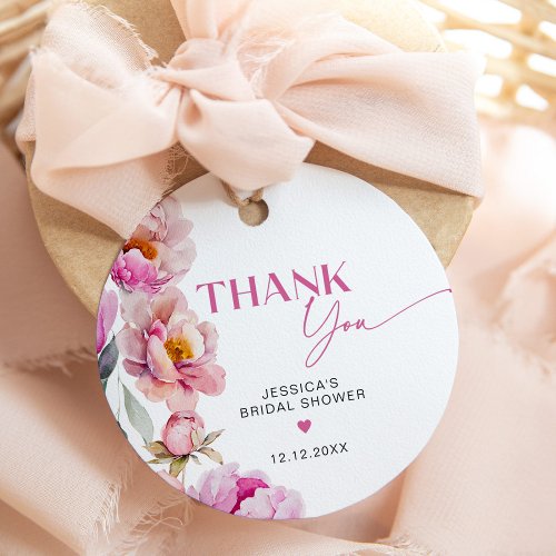 Fuchsia peony petals and prosecco thank you favor tags